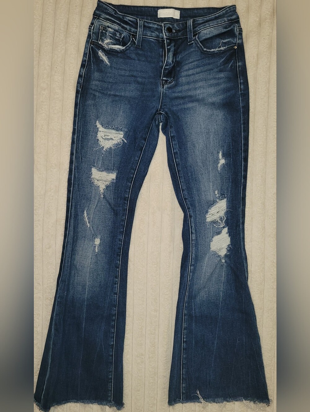 Petra Distressed Flare Jeans Womens Size 5/26 Raw Hem Stretch Blue Denim